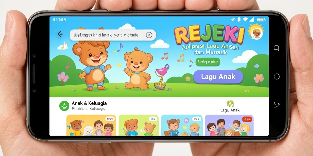 Tampilan antarmuka REJEKI dengan pilihan lagu-lagu ceria untuk anak-anak.