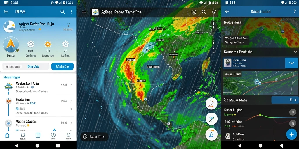 Screenshot aplikasi RP55 menampilkan peta cuaca dan radar hujan dengan jelas.