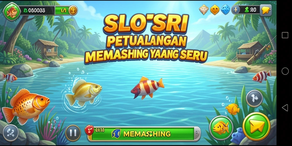Antarmuka permainan SLOTSRI dengan pemandangan memancing yang indah.